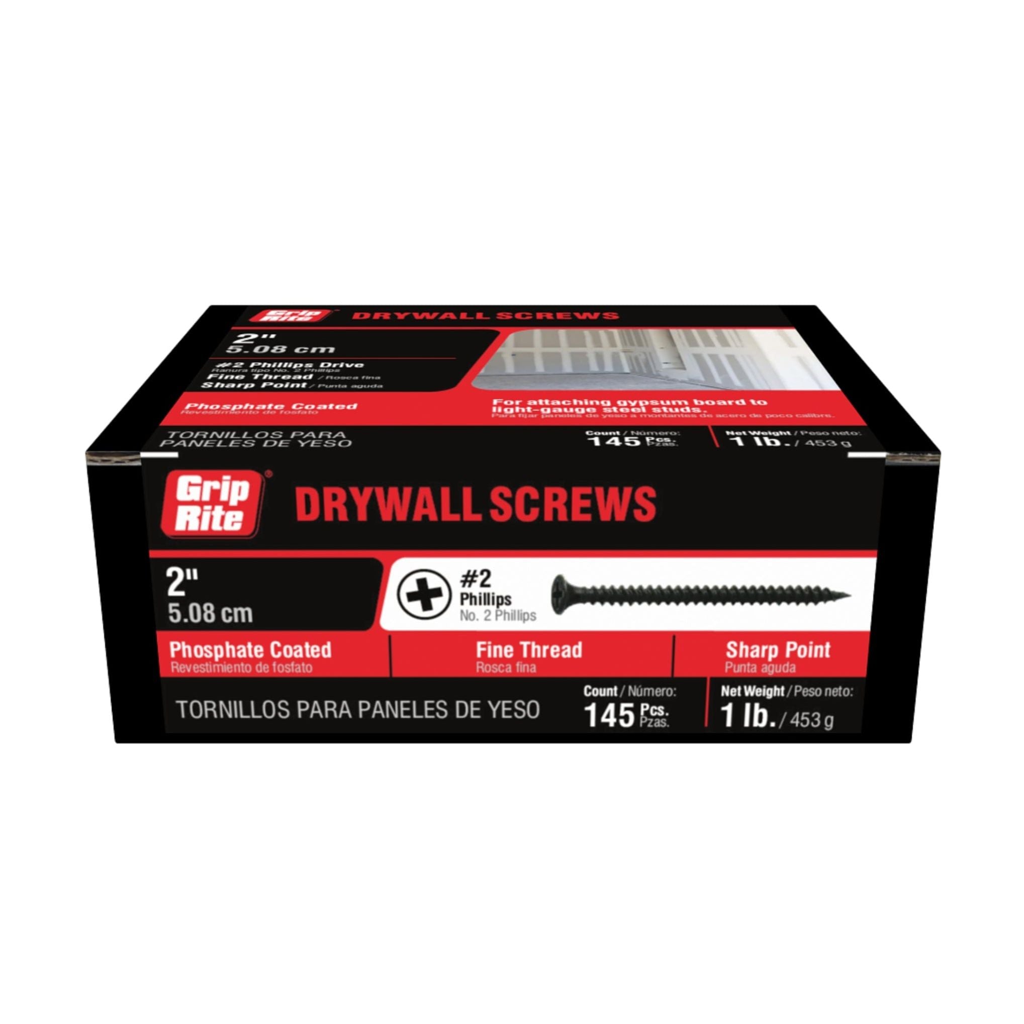 A 1 lb. box of GRIP-RITE #6 x 2 in. Phillips Bugle Head Fine Thread Drywall Screws (145/Pack) features a black phosphate coating, fine thread for durability, and Sharp Point for easy installation.